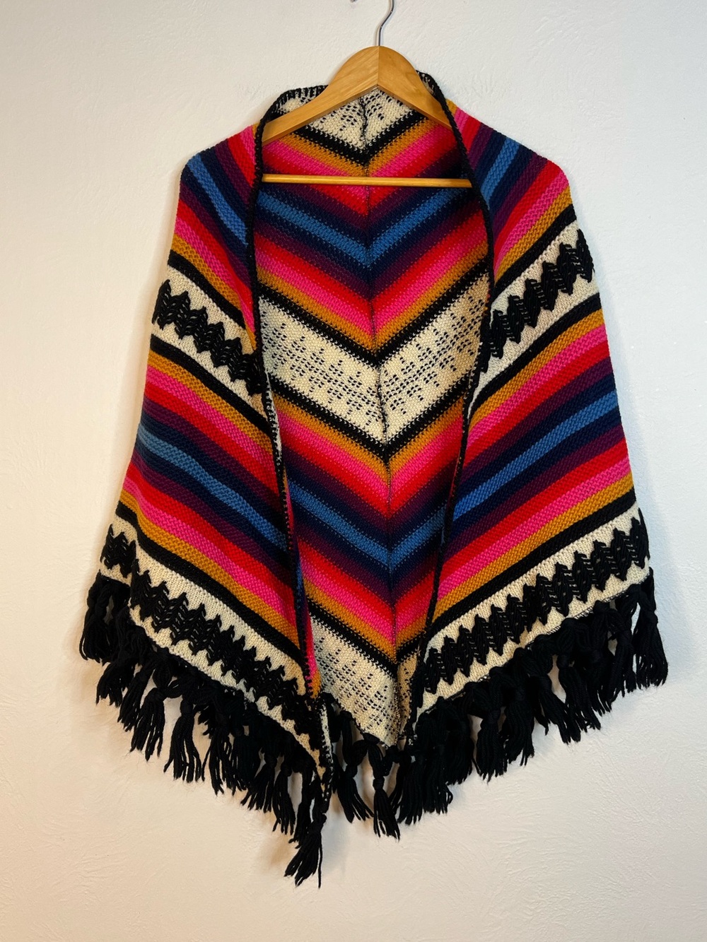 Vintage Jack Winter Striped Fringe Knit Poncho Sweater - Multicolor